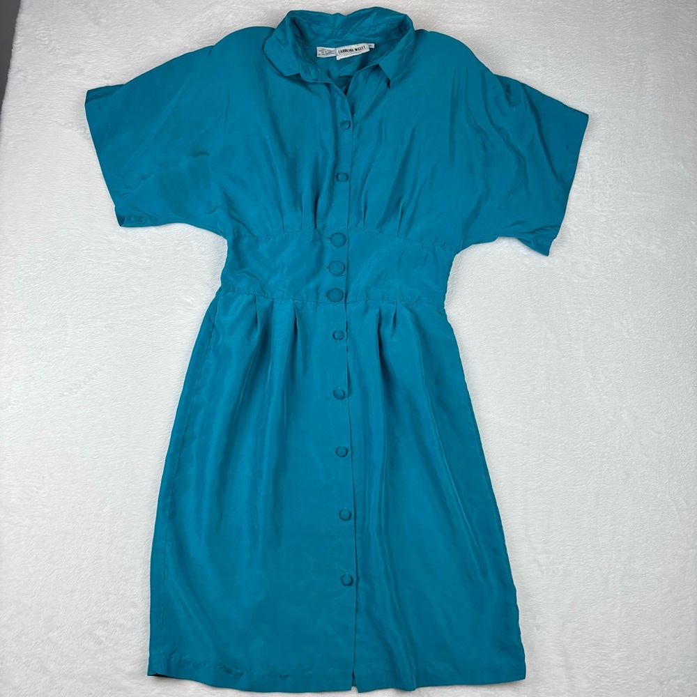 Vintage 80s Caroline Wells Collection Light Blue Teal 100% Silk Dress Size 12